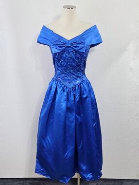 Vintage 80s Jessica McClintock Gunne Sax prom dress royal blue bows sequin 7/8